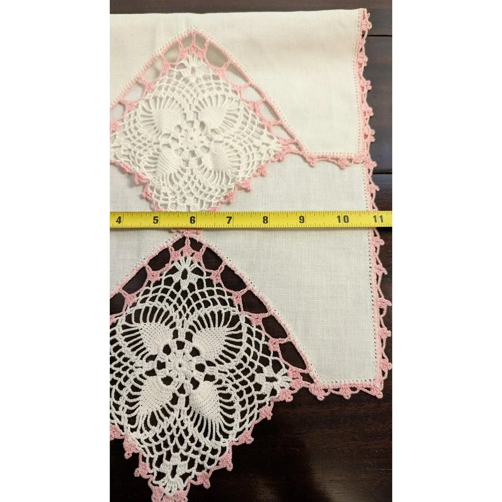 Vintage Pink Crochet Linen Table Runner Set Handmade Lace Napkins Doily 6pc